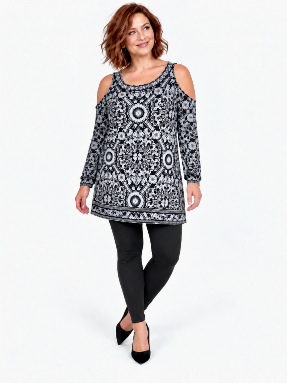 WHBM Black White Paisley Cold Shoulder Tunic Blouse XL Boho Chic